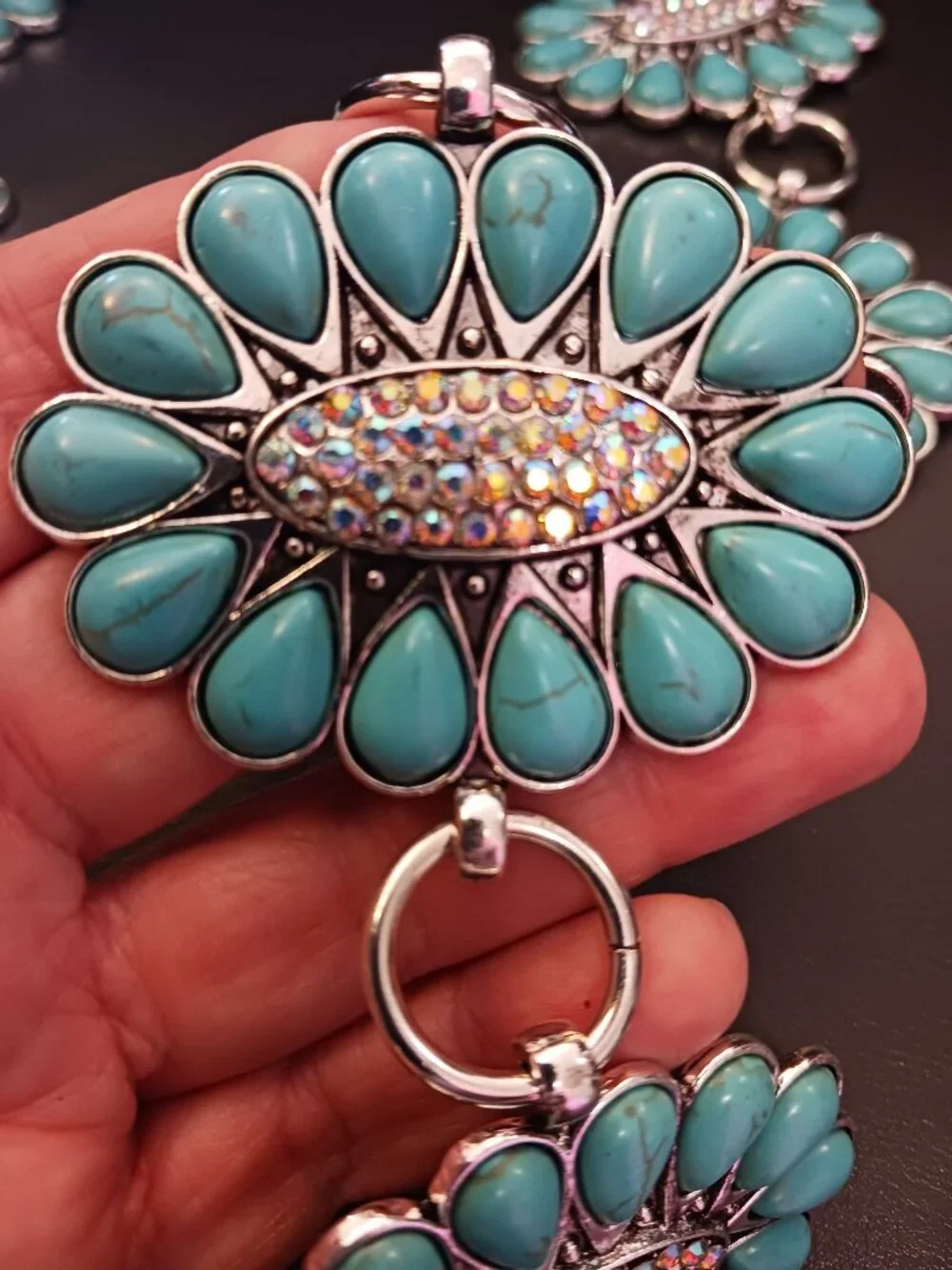 Concho Belt Turquoise Colored Stone with Crystal Stone Center